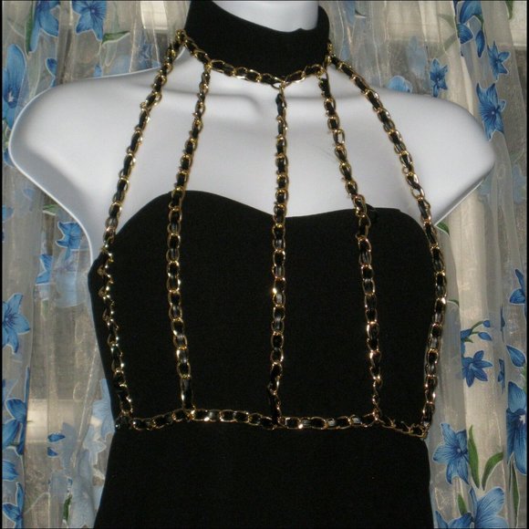 Super Sexy NEW Womens GOLD CHAIN Collar MIDI Strapless Bodycon BLACK DRESS S - Picture 1 of 7